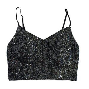 Black sequin lace-up adjustable strap crop top by Crystal Sky.